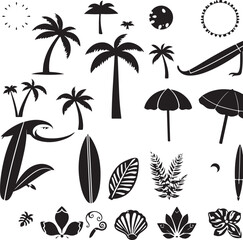 Tropical Beach Summer Vacation Icons Palm Trees Surfboards Umbrellas Seashells moon