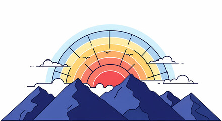 Stunning mountain range at sunrise with birds flying over a vibrant gradient sky illustration