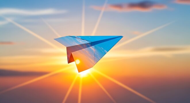 Soaring dreams paper airplane ascending towards the golden horizon with the brilliant sunlight - Powered by Adobe