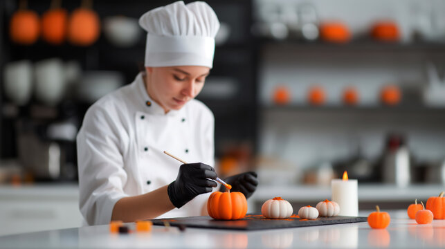 Chefs Hands Applying Edible Gold to Pumpkin-Shaped Desserts With Candles and Candy in a Stylish Kitchen Setting