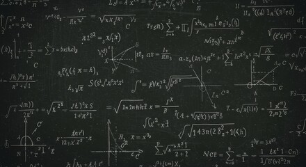 Complex Mathematical Equations on Blackboard - Abstract background featuring a chalkboard densely covered with intricate mathematical equations, symbolizing intellect, complexity, education,