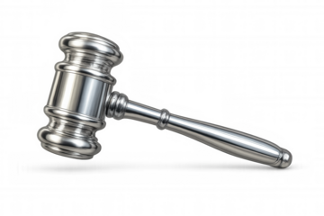 Chrome gavel on transparent background, representing legal decisions, auctions, and court proceedings