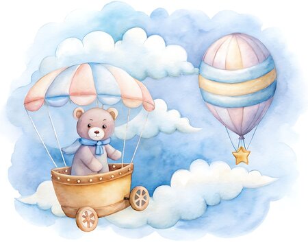 Adorable watercolor teddy bear wearing a blue scarf floats in a basket attached to a colorful hot air balloon among fluffy clouds