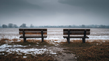 Two benches face a snowy field under a cloudy sky in a desolate winter landscape