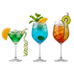 Three colorful cocktails garnished with fruit and mint