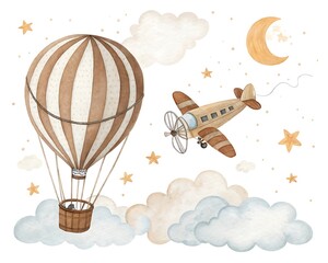 Whimsical watercolor illustration of a vintage hot air balloon and a biplane flying through a dreamy sky with clouds and stars
