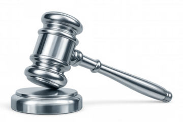 Metallic gavel lying on sound block, rendered in 3d with transparent background, symbolizing law, justice, and legal decisions