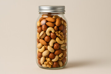 Glass jar filled with assorted mixed nuts including almonds cashews walnuts and hazelnuts healthy organic snack storage natural protein food source vegetarian nutrition concept isolated container on b