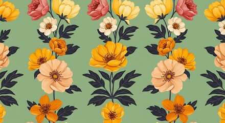 Obraz premium A seamless vintage floral pattern with creamy white and yellow flowers on a muted green background.