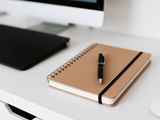 A brown spiral notebook with elastic band and a black pen placed on a clean white office desk near a computer and tablet. Perfect for themes of productivity, business planning, remote work, studying