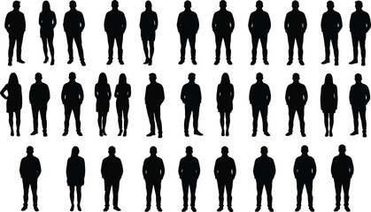 Collection of diverse human silhouettes standing in various poses, isolated on white background, ideal for business, creative, marketing, and design projects
