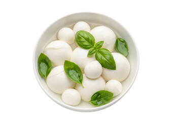 Fresh Mozzarella Balls (Bocconcini) in White Bowl Isolated on transparent, png Background