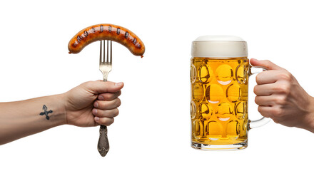 Sausage on fork with beer Hand holding fork with grilled sausage next to beer mug