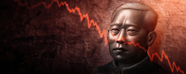stylized portrait of a historical figure overlaid with a declining stock market graph, symbolizing economic challenges and financial turmoil.