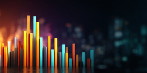 vibrant, abstract representation of bar graphs, showcasing colorful data visualization against a blurred urban background.