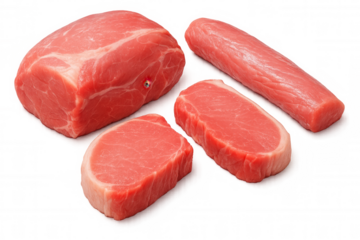 Different cuts of fresh, raw pork are presented on a transparent background, showcasing the variety available for cooking