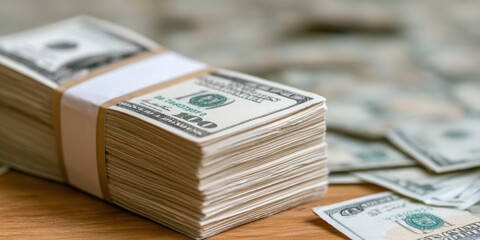 Naklejka premium bundle of cash is stacked neatly on a wooden surface, surrounded by scattered dollar bills, highlighting wealth and financial prosperity.