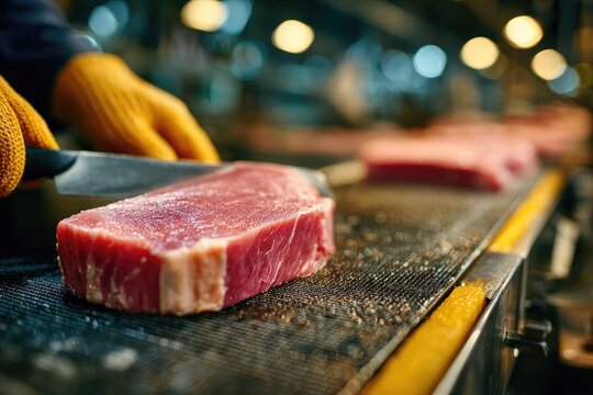 Raw steak being sliced on a conveyor belt in a food processing plant.  Worker in yellow gloves uses a knife