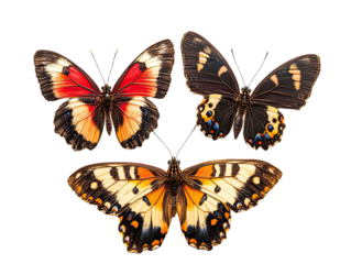 Three colorful butterflies arranged in a triangular formation isolated on transparent background