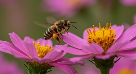 Honeybee on Pink Flower - A honeybee in flight approaching a vibrant pink flower, collecting pollen. Close-up shot showcasing intricate detail