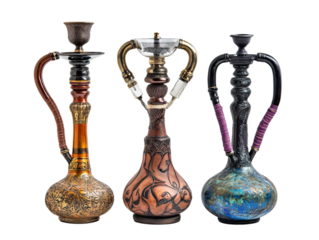 Three ornate glass hookahs with decorative designs isolated on transparent background