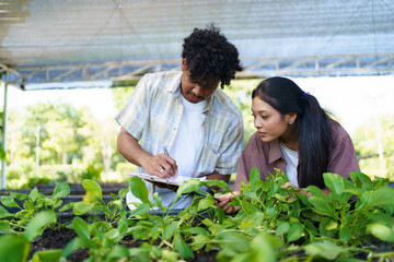 Male and female students checking vegetable growth and taking notes, symbolizing education and...