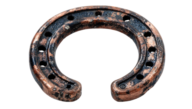 Rusty horseshoe, a curved metal object,  worn and aged, with dark patches