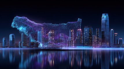 Fototapeta premium A vibrant digital cityscape featuring a glowing silhouette, blending technology and urban aesthetics against a reflective water surface, the US state flag