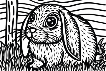 Hand drawn set of Cute Black and White Illustration of a Bunny in Grass rabbit adorable