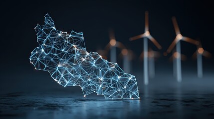 A 3D rendering of a polygonal map representing a country, with wind turbines in the background, highlighting renewable energy and technology, the US state flag