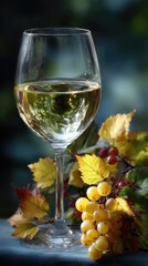Elegant Glass of White Wine with Grapes and Autumn Leaves in Soft Focus Background