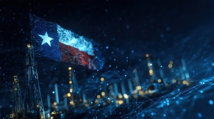 A digital representation of the Texas flag overlaid on an abstract background, symbolizing technology and energy, the US state flag