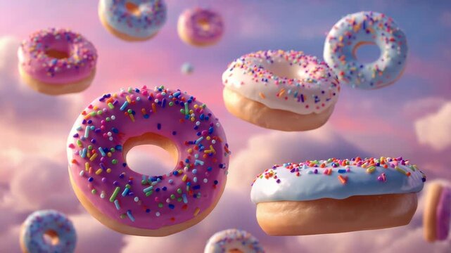 Sweet Dreams: Colorful Donuts Floating in a Dreamy Cloudscape, perfect for bakery ads