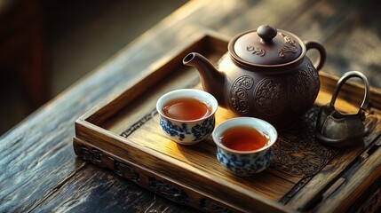 wooden tea tray adorned with an antique teapot, fine porcelain cups, and a delicate tea strainer, capturing the essence of an authentic tea ceremony, on a blurred background