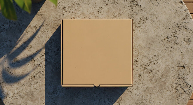 Overhead view of a closed, blank cardboard pizza box on a textured stone surface.