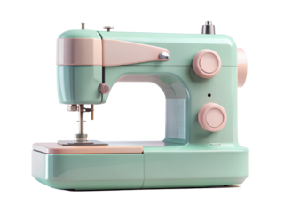 Vintage mint green sewing machine isolated on transparent background, a retro craft tool for tailor, needle, thread, fabric, textile and design art