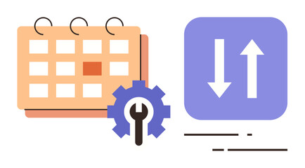 Calendar with highlighted date, gear with a wrench, and arrows symbolizing task priorities. Ideal for scheduling, planning, time management, task delegation, productivity, workflow optimization