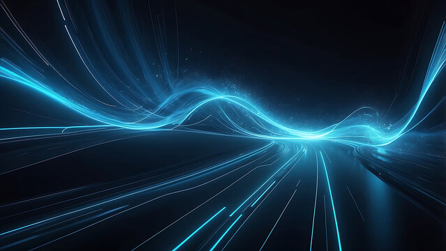 Neon Blue Light Trails Abstract with Futuristic Wave Motion Design, AI