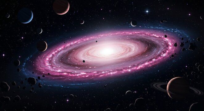 A visually striking image of a galaxy with swirling arms and celestial objects in a space setting