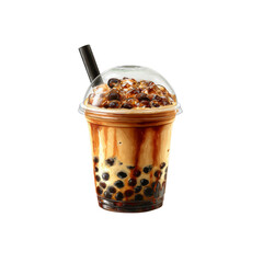 Delicious Brown Sugar Boba Milk Tea in Plastic Cup with Ice and Straw