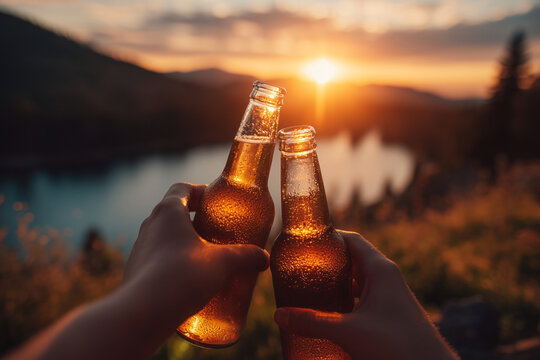 Two people are holding up two bottles of beer, one of which is almost empty - Powered by Adobe