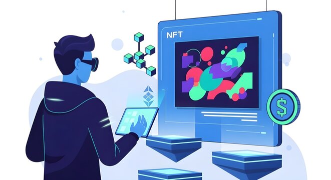- NFT Art Exhibition Vector – Digital Artist Displaying Blockchain-Based Artwork - Powered by Adobe