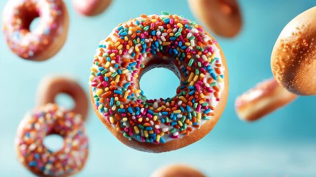 Delicious donuts with colorful sprinkles floating against a pastel blue background