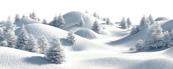 Snowy winter landscape with frosted trees on rolling hills