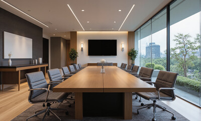 Fototapeta premium Sleek and contemporary boardroom with a long wooden conference table, ergonomic leather chairs, and sophisticated lighting. Include a wall-mounted screen