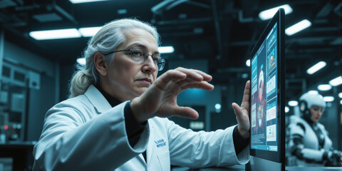 Senior Biotech Researcher in a Lab with AI Assistants A brilliant elderly scientist in a sleek white lab coat examines