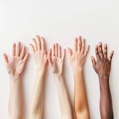 Four diverse hands raised in a horizontal row against a plain white background
