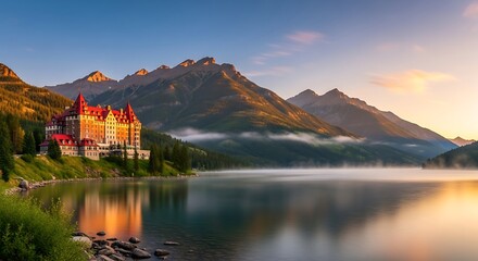 Fototapeta premium Majestic mountain hotel reflected in tranquil lake at sunrise offers serene escape