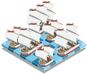 Naval battle of sailing ships. Board game. Isometric. Isolated on white background. Vector illustration. Vector illustration.