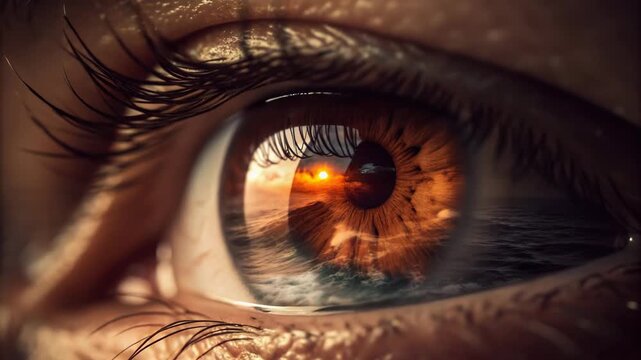 Macro close-up of human eye with reflection of ocean sunset inside iris